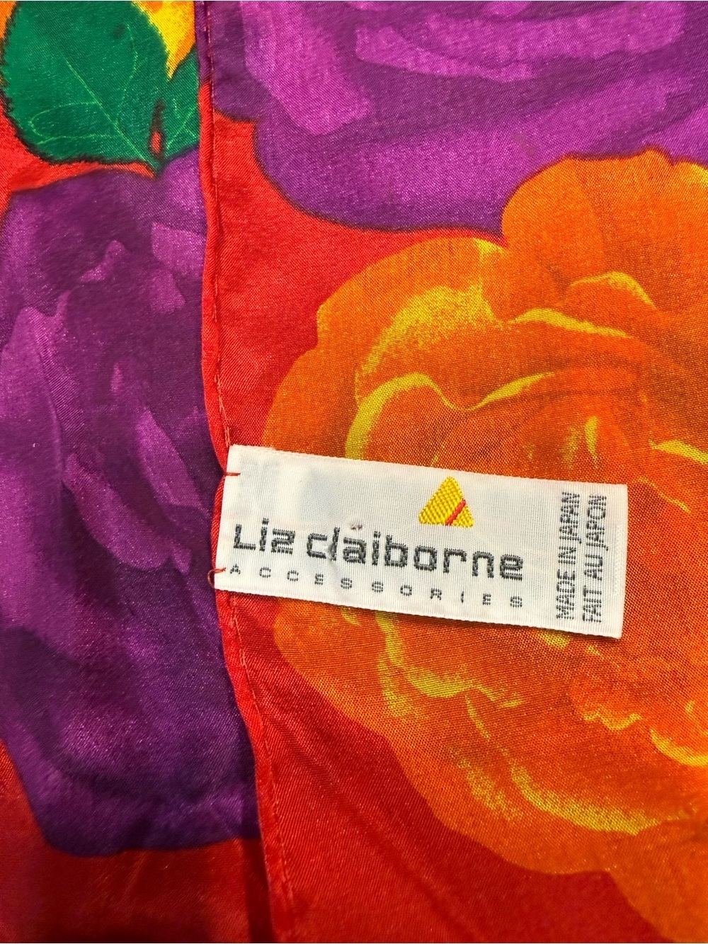 Liz Claiborne Vintage 1991 Purple, Orange & Red Floral Silk Scarf FLAWED